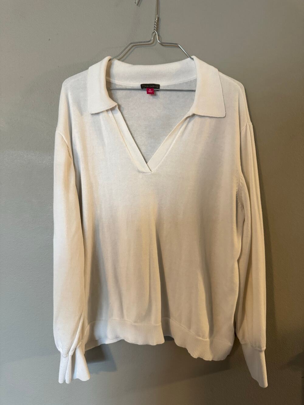 Vince Camuto Women's Sweater V-Neck Collared Size XL White Pullover Top